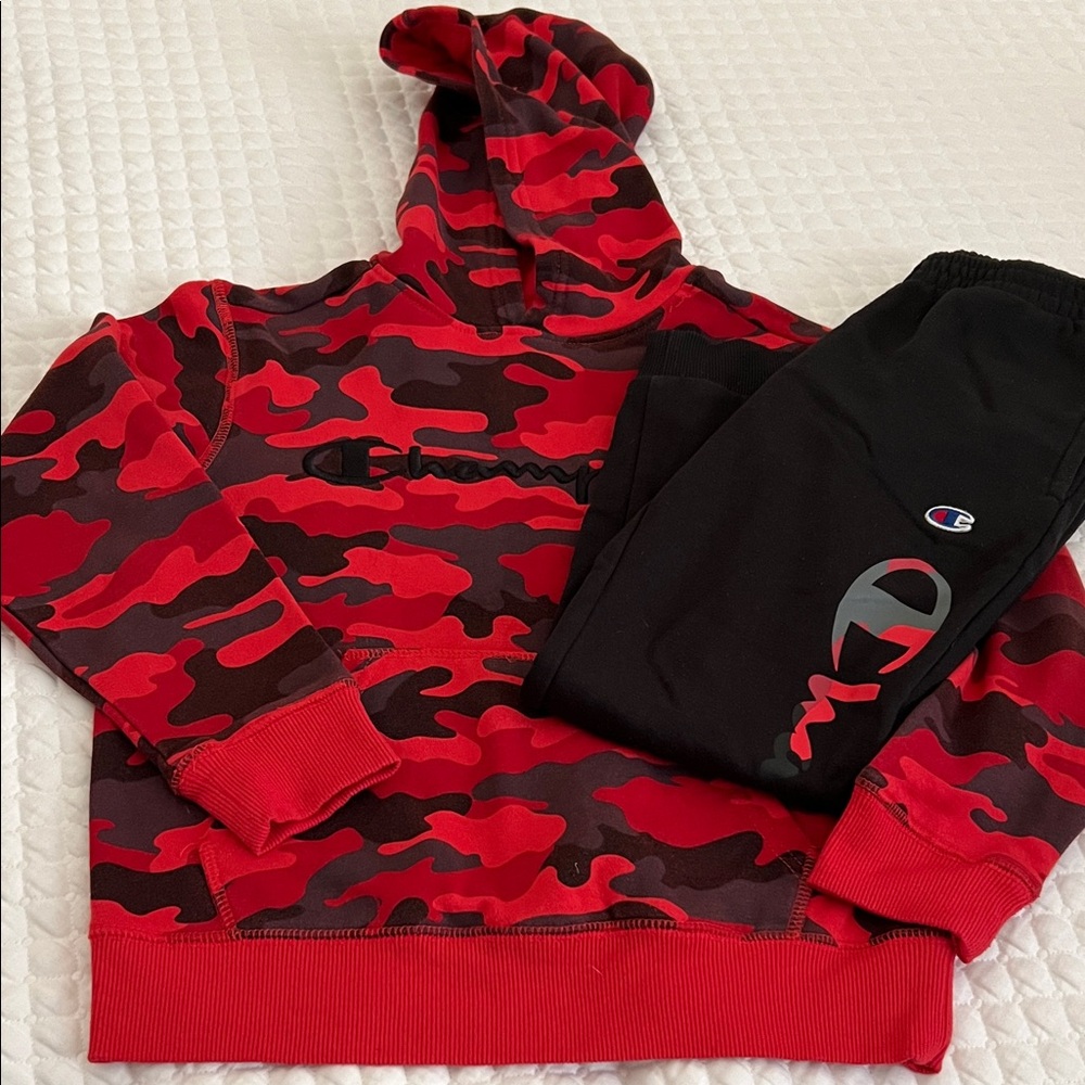 Champion Red and Black Camo Hoodie with Black Pants